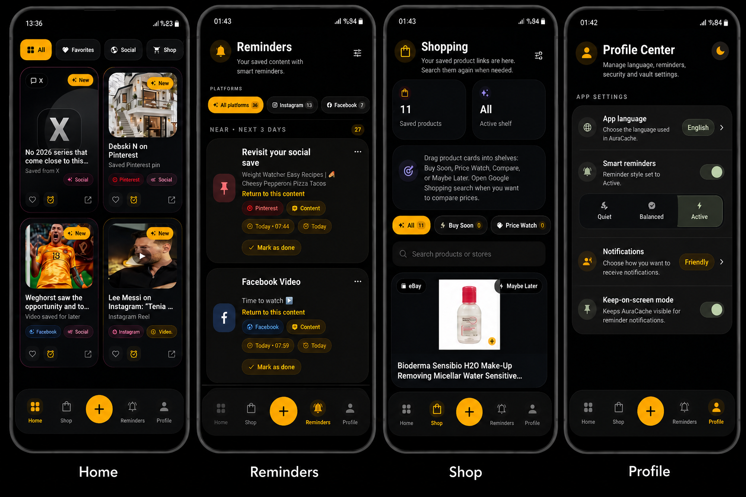 AuraCache app screens showing Home, Reminders, Shopping, and Profile