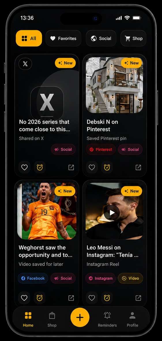 AuraCache app home screen showing saved links and categories